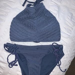 Blue bikini. Haltered too with bottoms